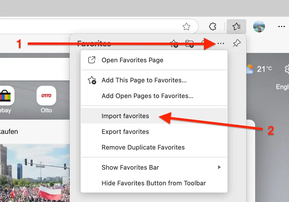 Step 4: Click three-dot menu and click Import favorites