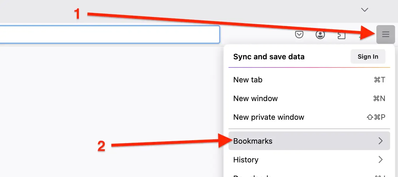Step 1-2: Click three-line menu button and click Bookmarks
