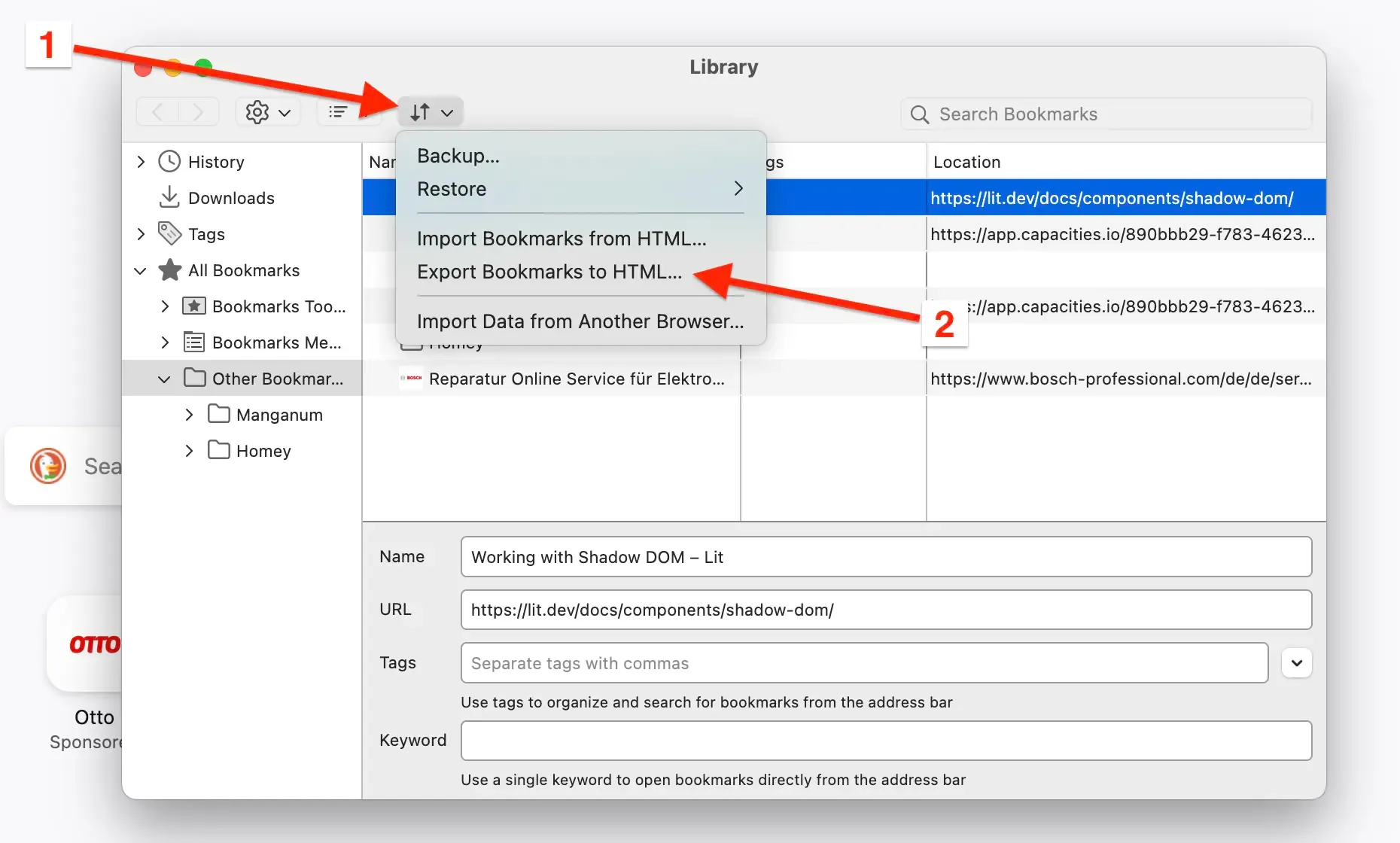 Step 4: Click Export Bookmarks to HTML
