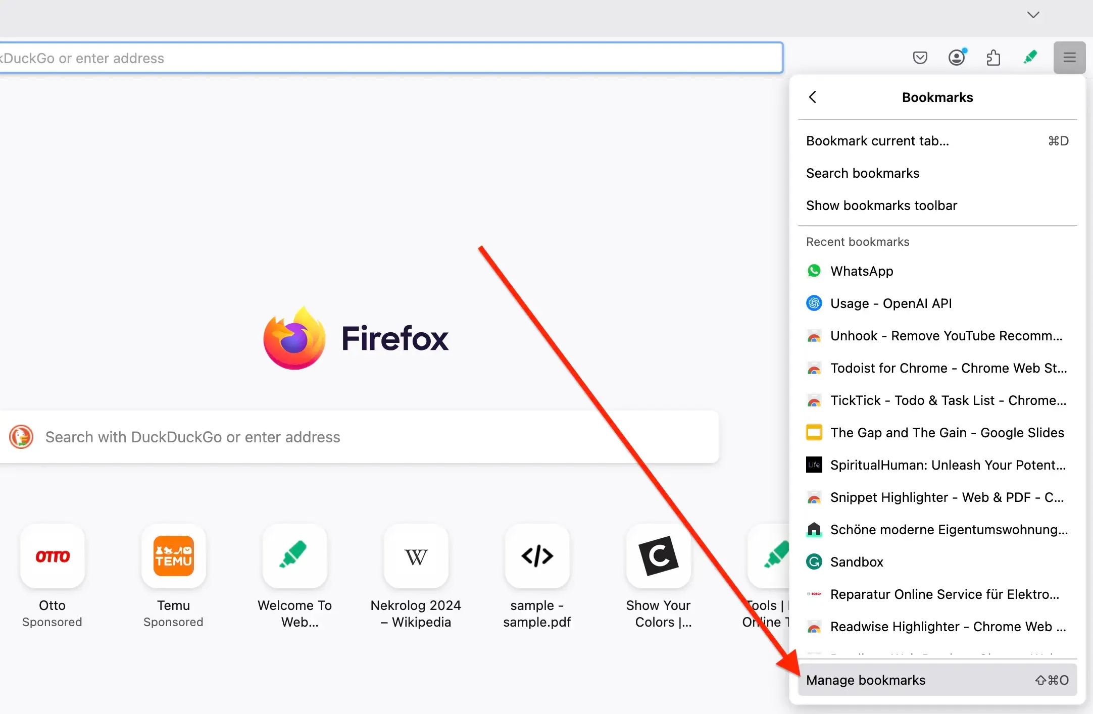 Step 3: Click Manage bookmarks