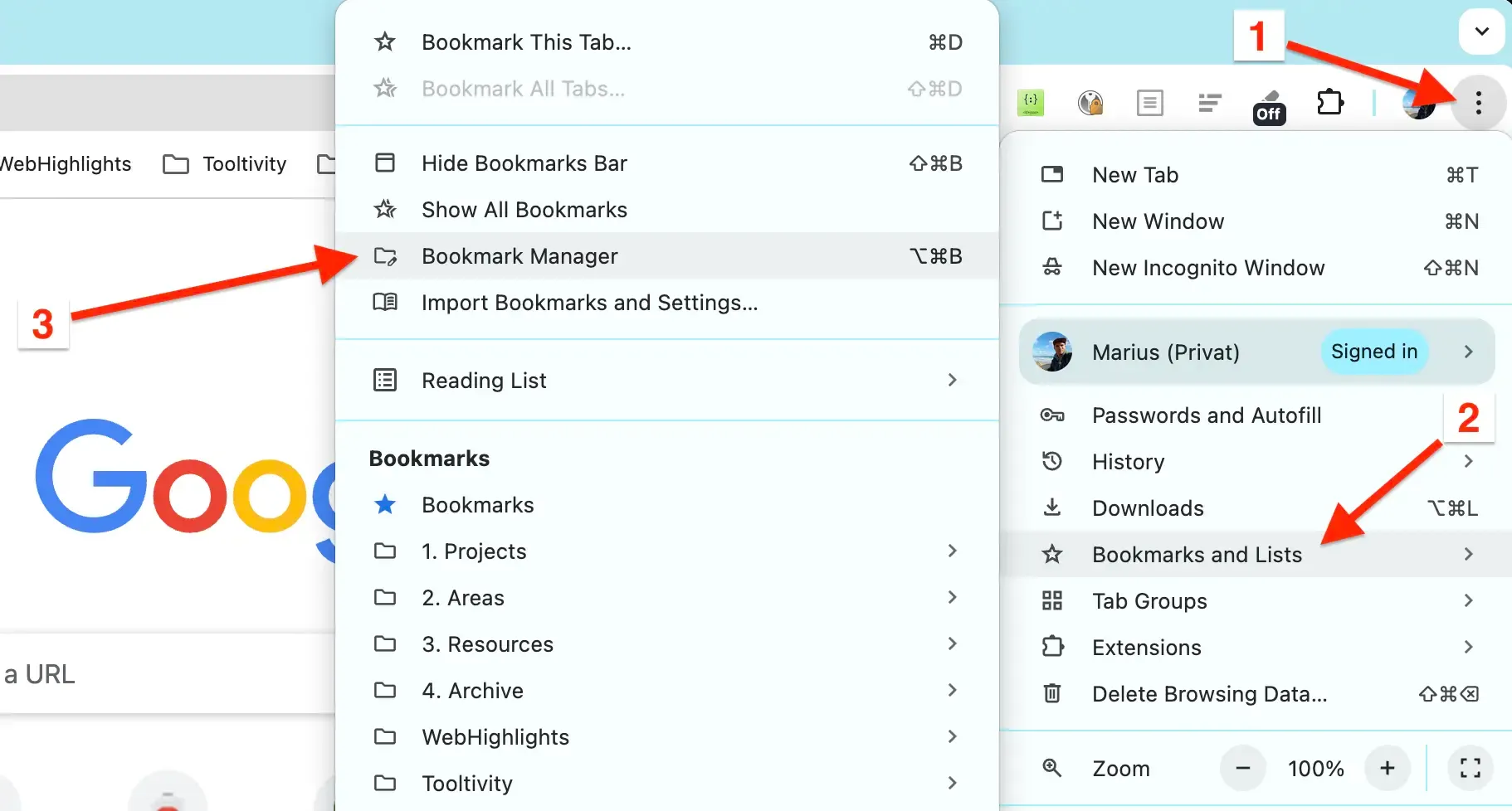 Step 1-3: Open Bookmark Manager