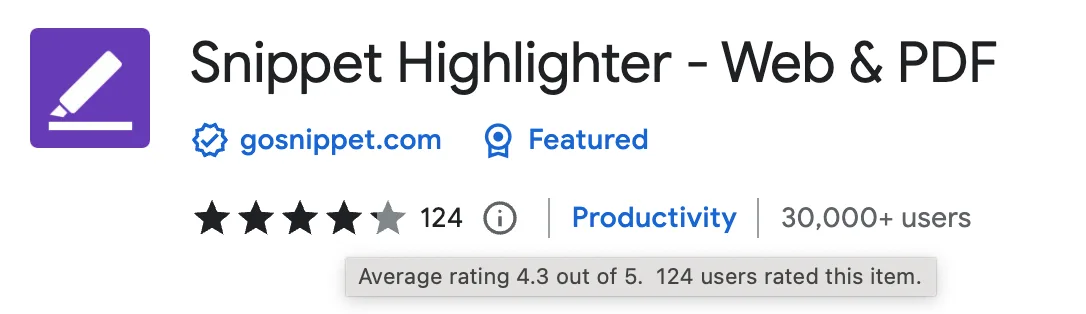 Chrome Web Store listing for Snippet Highlighter with a 4.3-star rating from 124 reviews