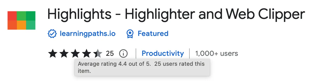 Chrome Web Store listing for Highlights with a 4.4-star rating from 25 reviews