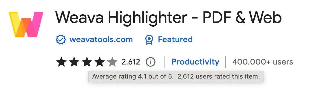 Chrome Web Store listing for Weava Highlighter with a 4.1-star rating from 2,612 reviews