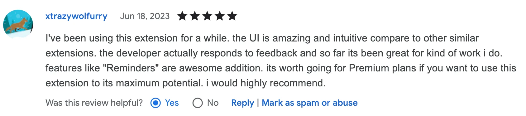 Five-star Chrome Web Store review praising the simple design of Web Highlights