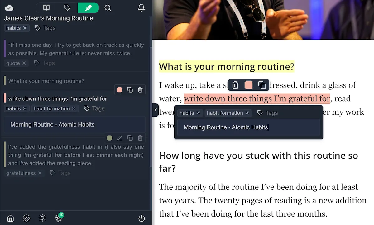 You can add tags and create notes either from the sidebar or from the popup