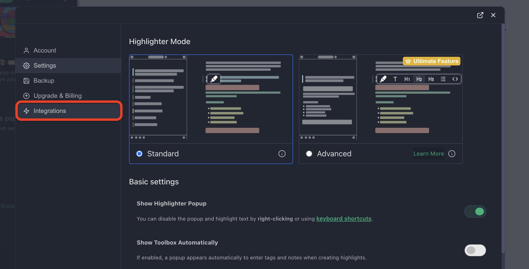 Choose "Integrations" on the left