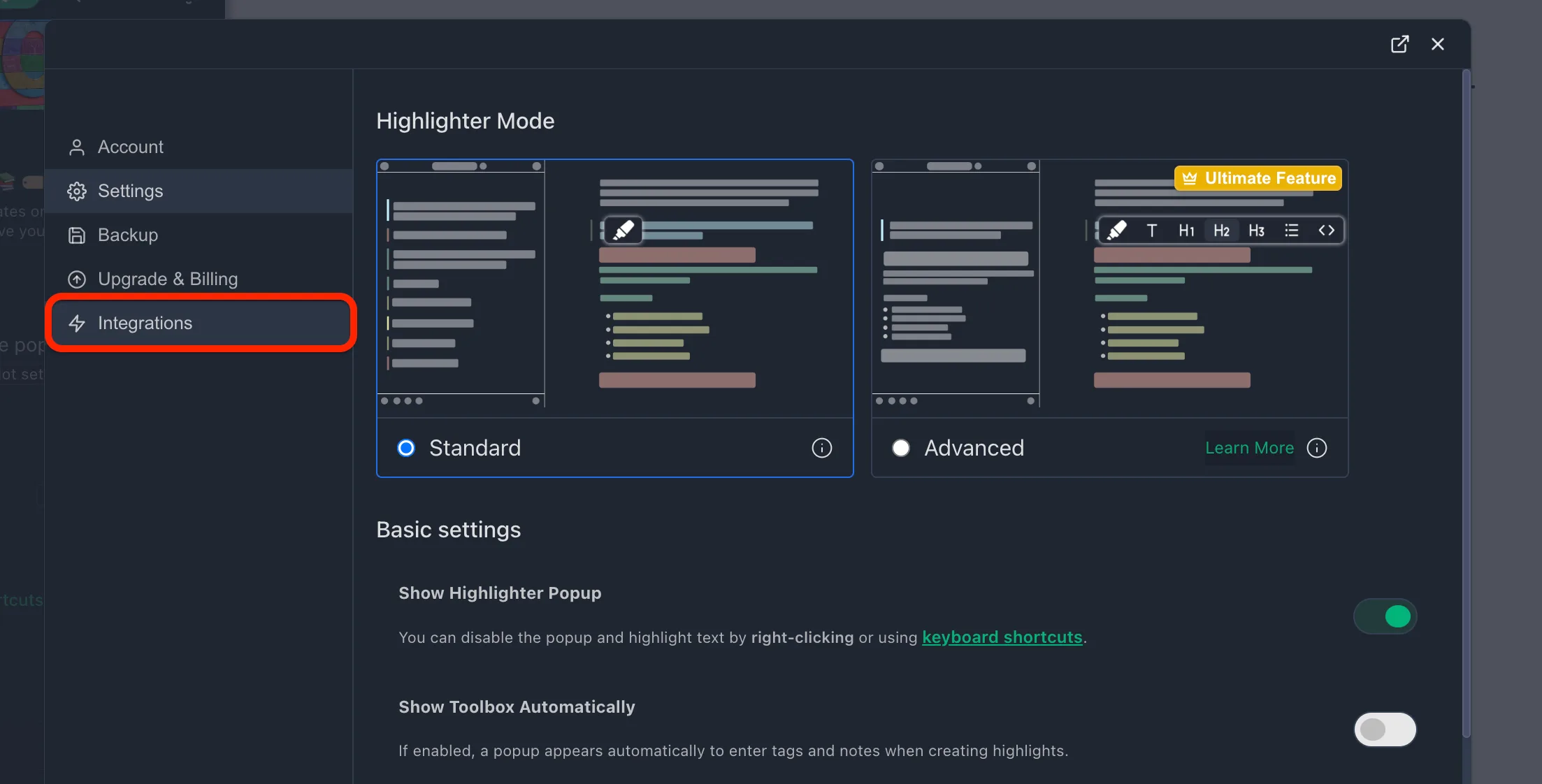 Web Highlights settings with the Integrations menu item highlighted