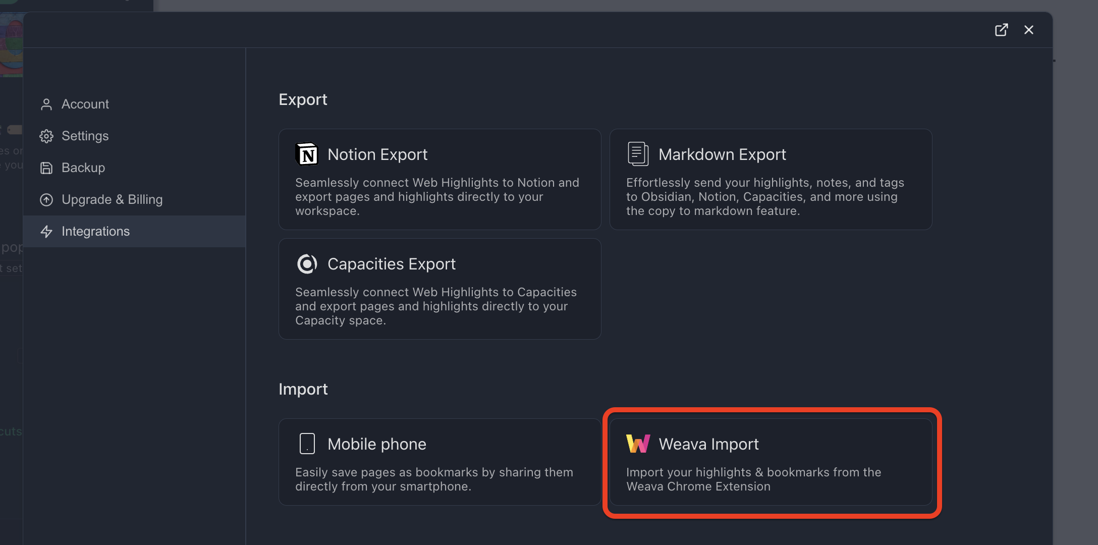 Choose the "Weava Import" integration