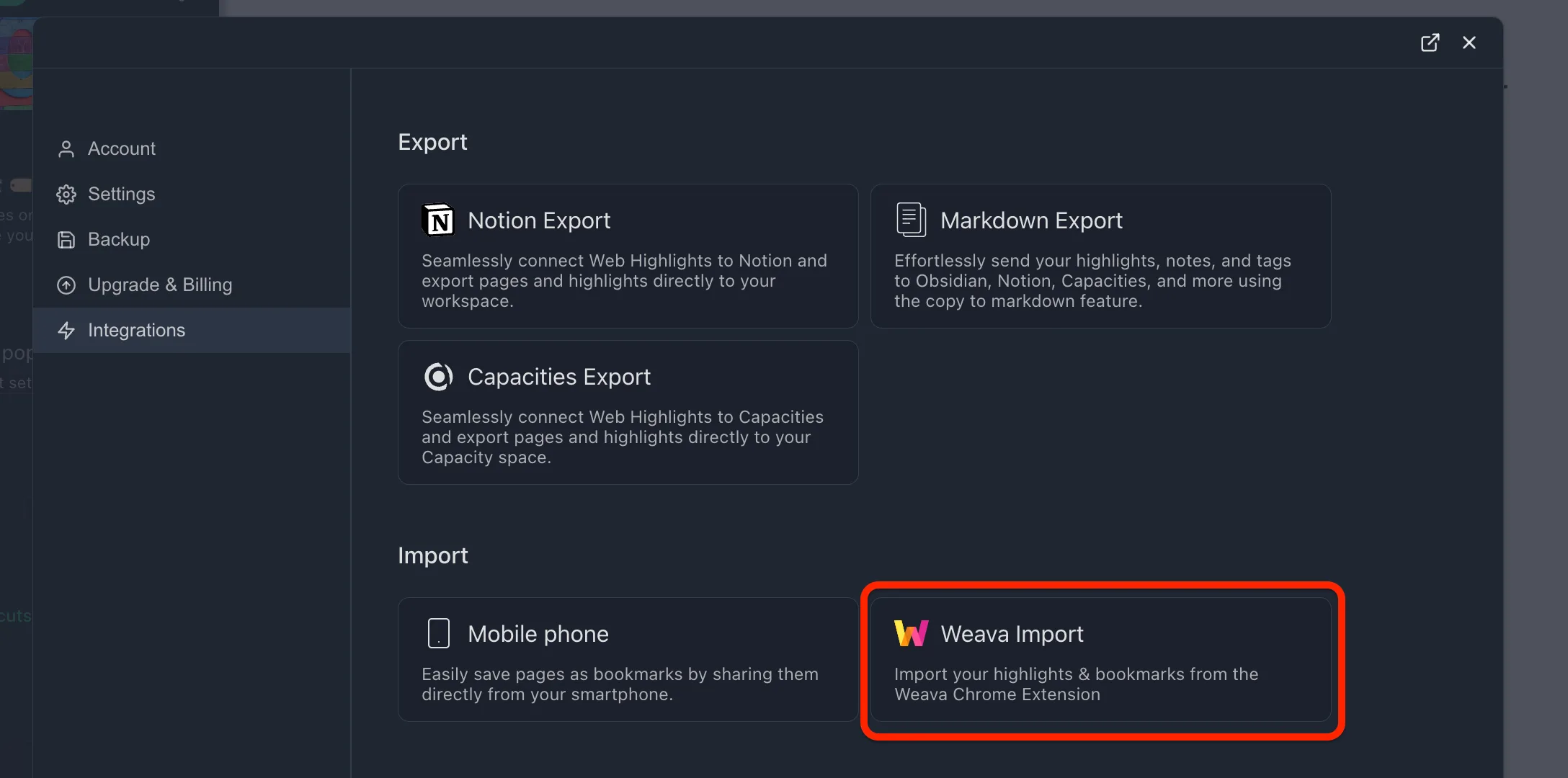 Integrations screen with the Weava Import option outlined