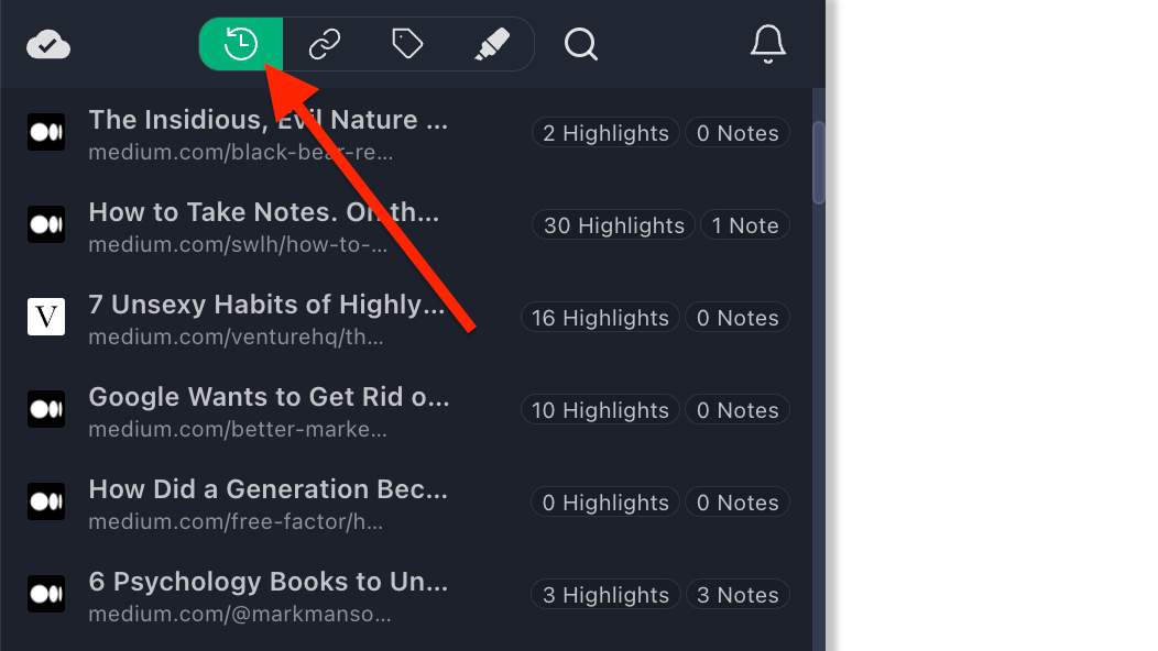 View highlighted page history to see your imported highlights