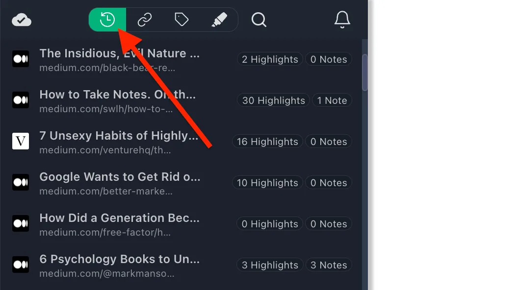 View highlighted page history to see your imported highlights