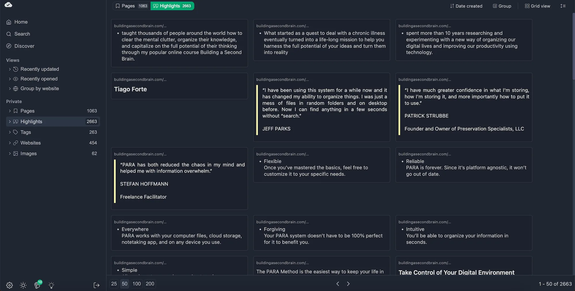 Highlights displayed in grid view