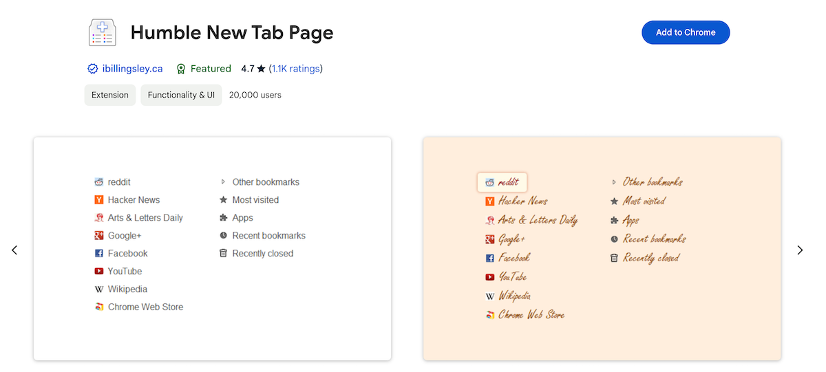 Humble New Tab Page (Rating: 4.7, Users: 20,000+)