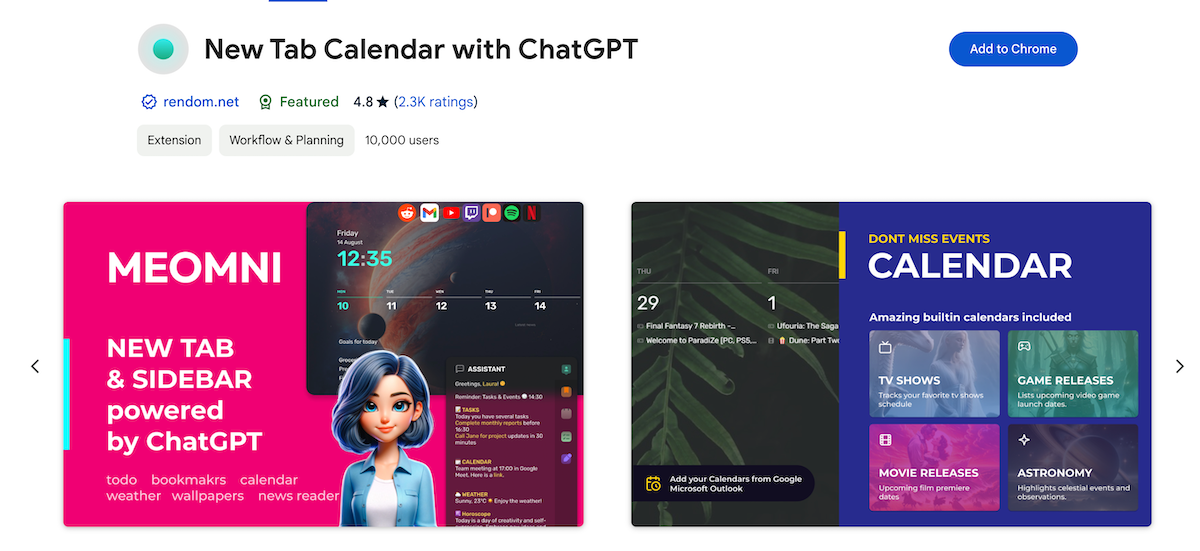 New Tab Calendar with ChatGPT - (Rating: 4.8, Users: 10,000+)