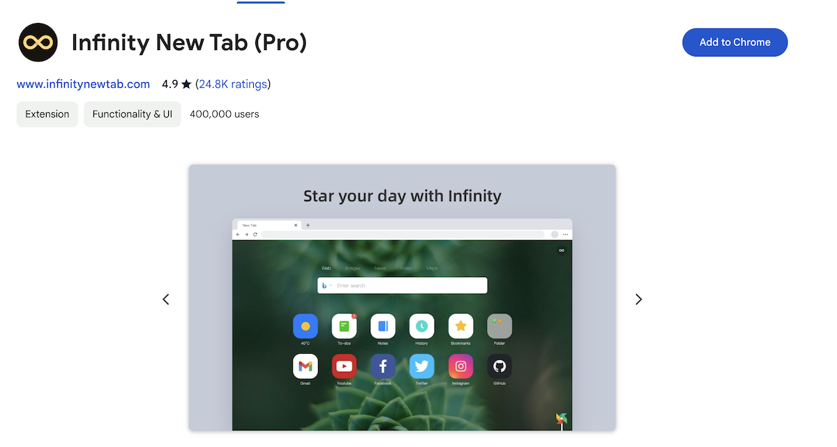 Infinity New Tab Pro (Rating: 4.9, Users: 400,000+)