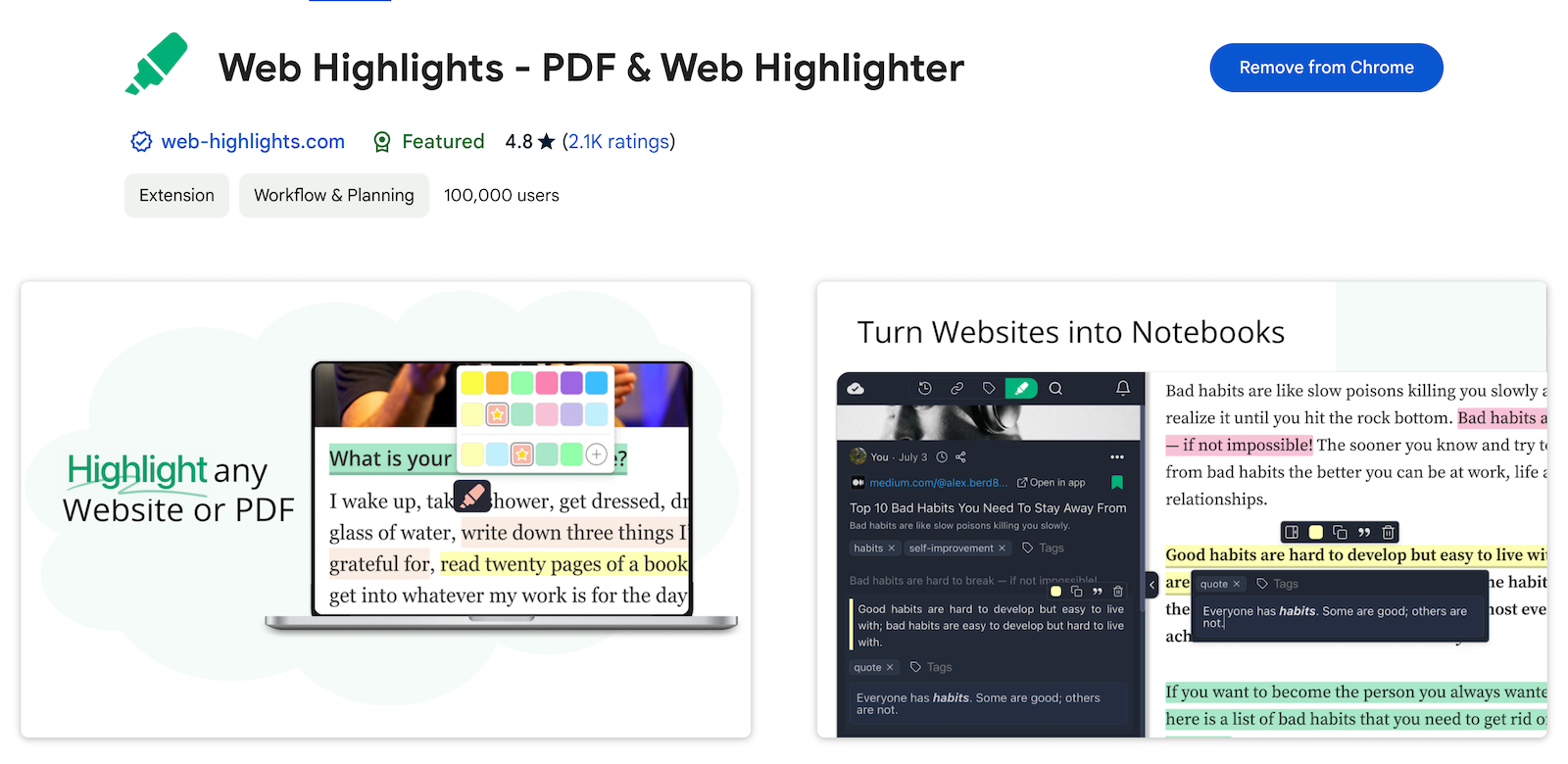 Web Highlights (Rating: 4.8, Users: 100,000+)