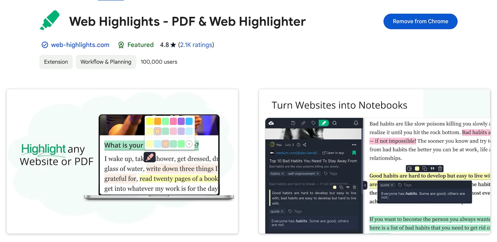 Web Highlights Chrome Web Store page with a 4.8-star rating and 100,000+ users