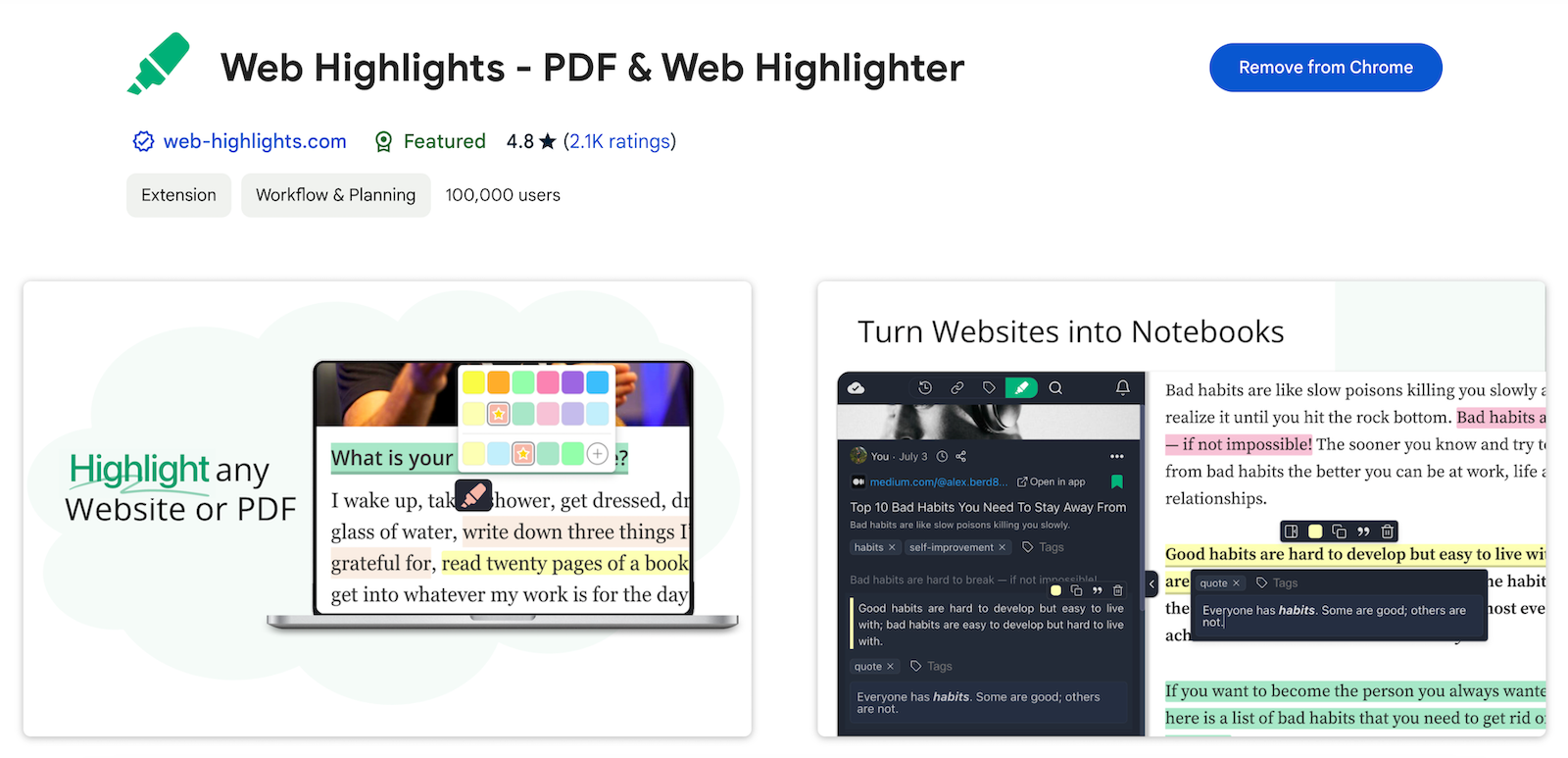 Web Highlights - PDF & Web Highlighter (Rating: 4.8 (2.1K ratings) Users: 100,000)