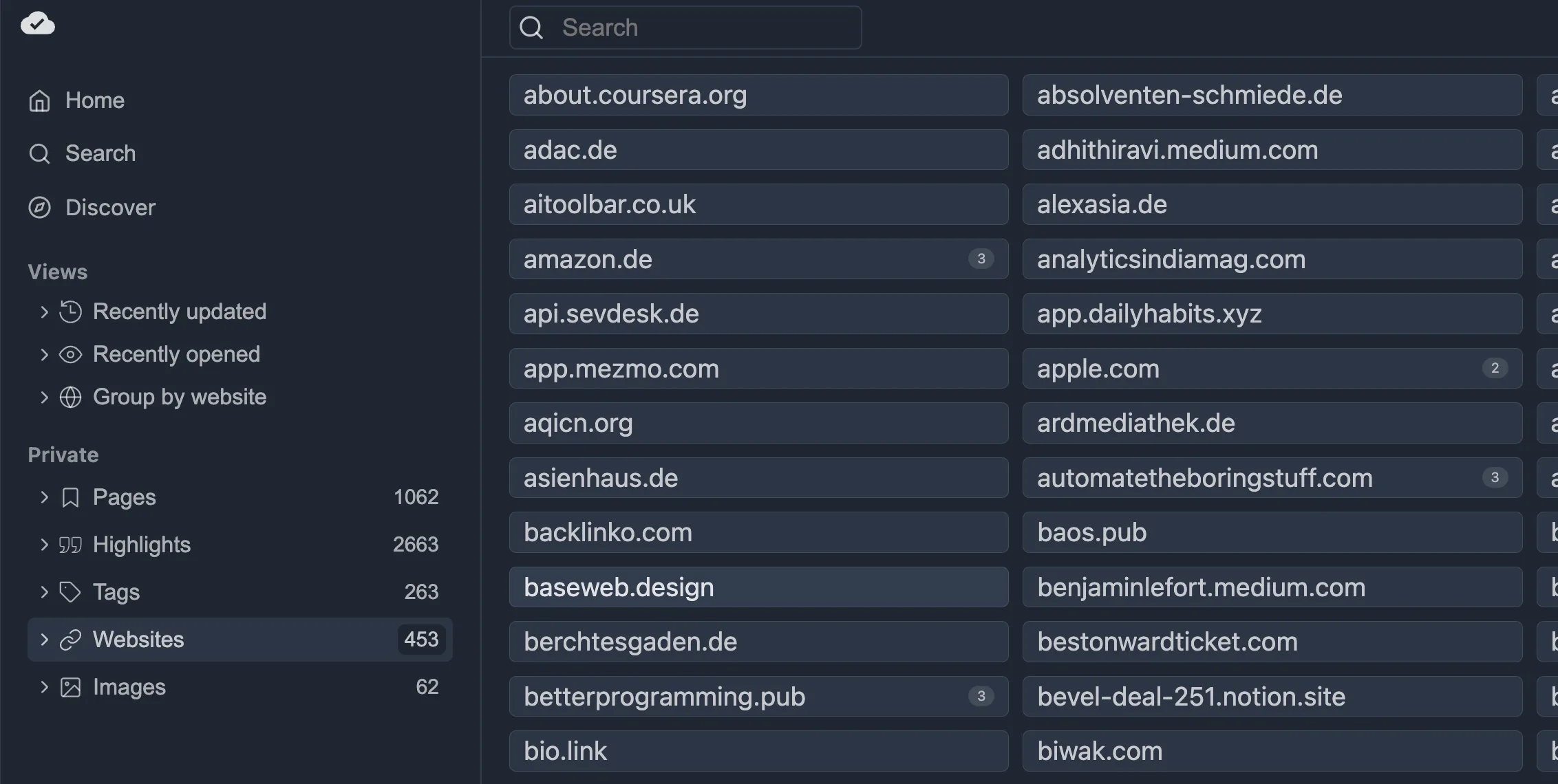 Overview of highlighted websites