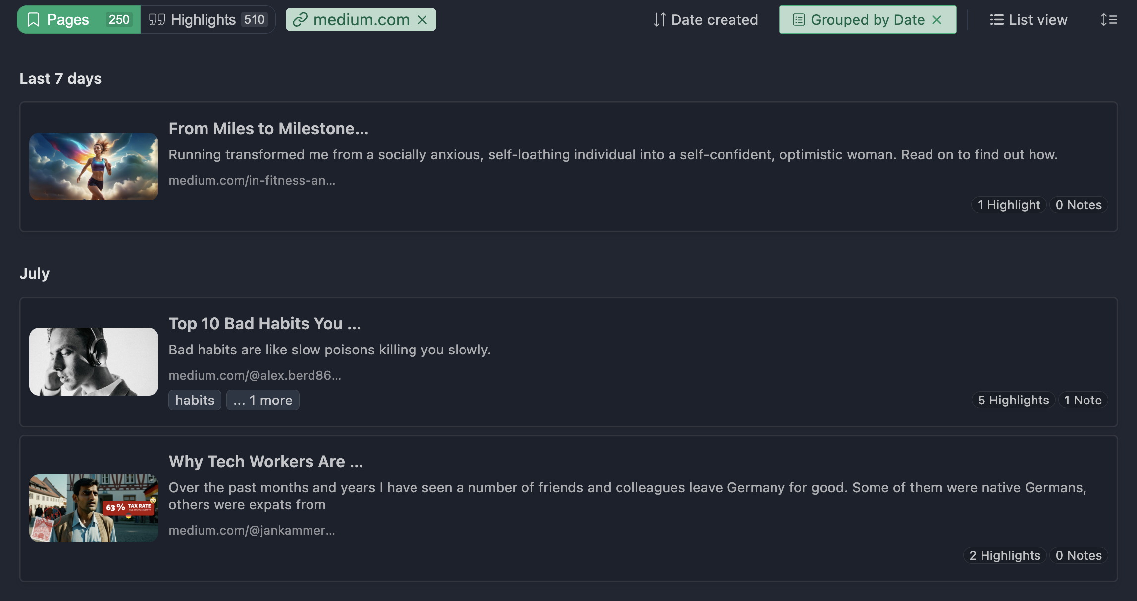 Highlighted pages on medium.com