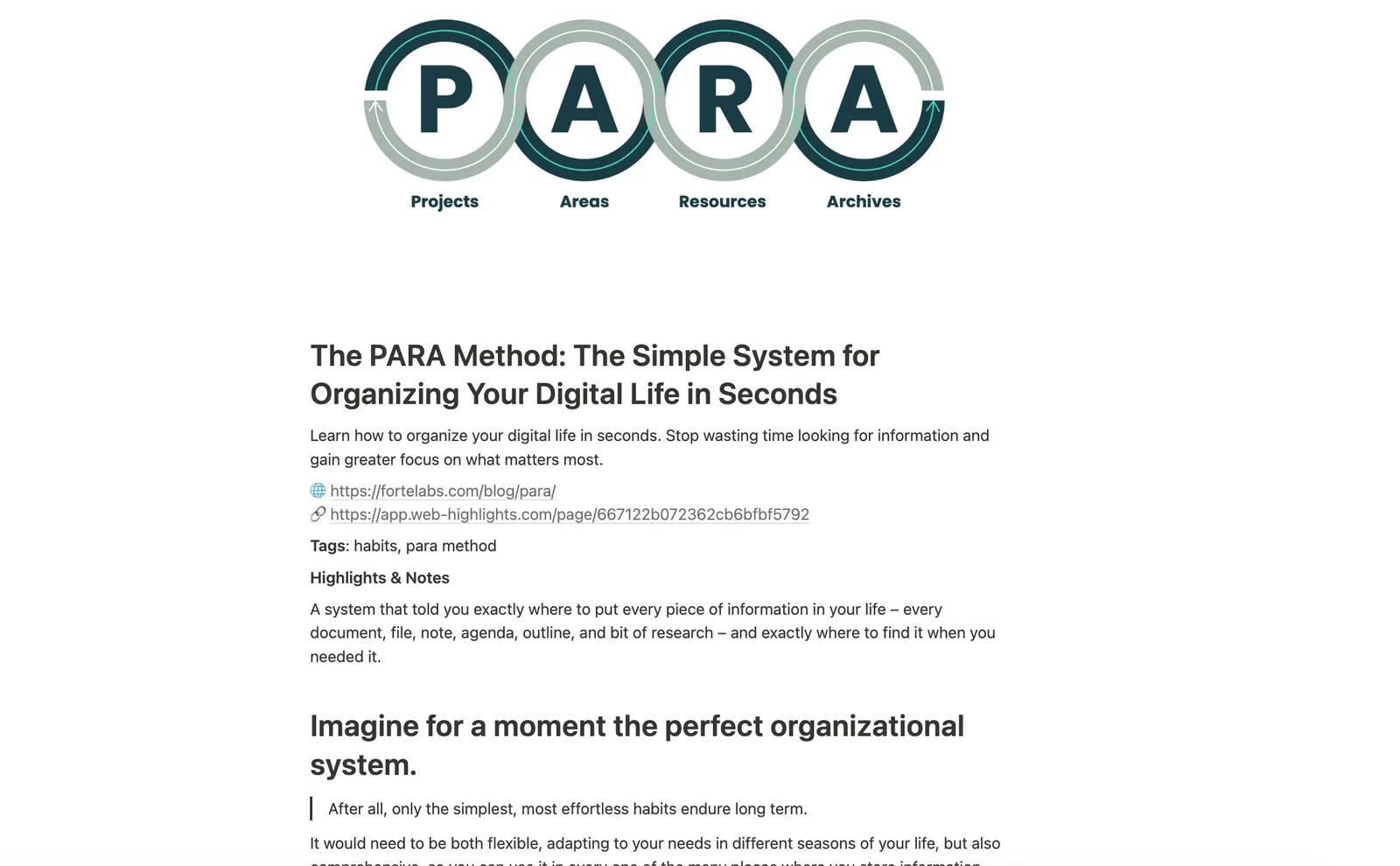 Notion page with highlights exported from Web Highlights, organized with the PARA method