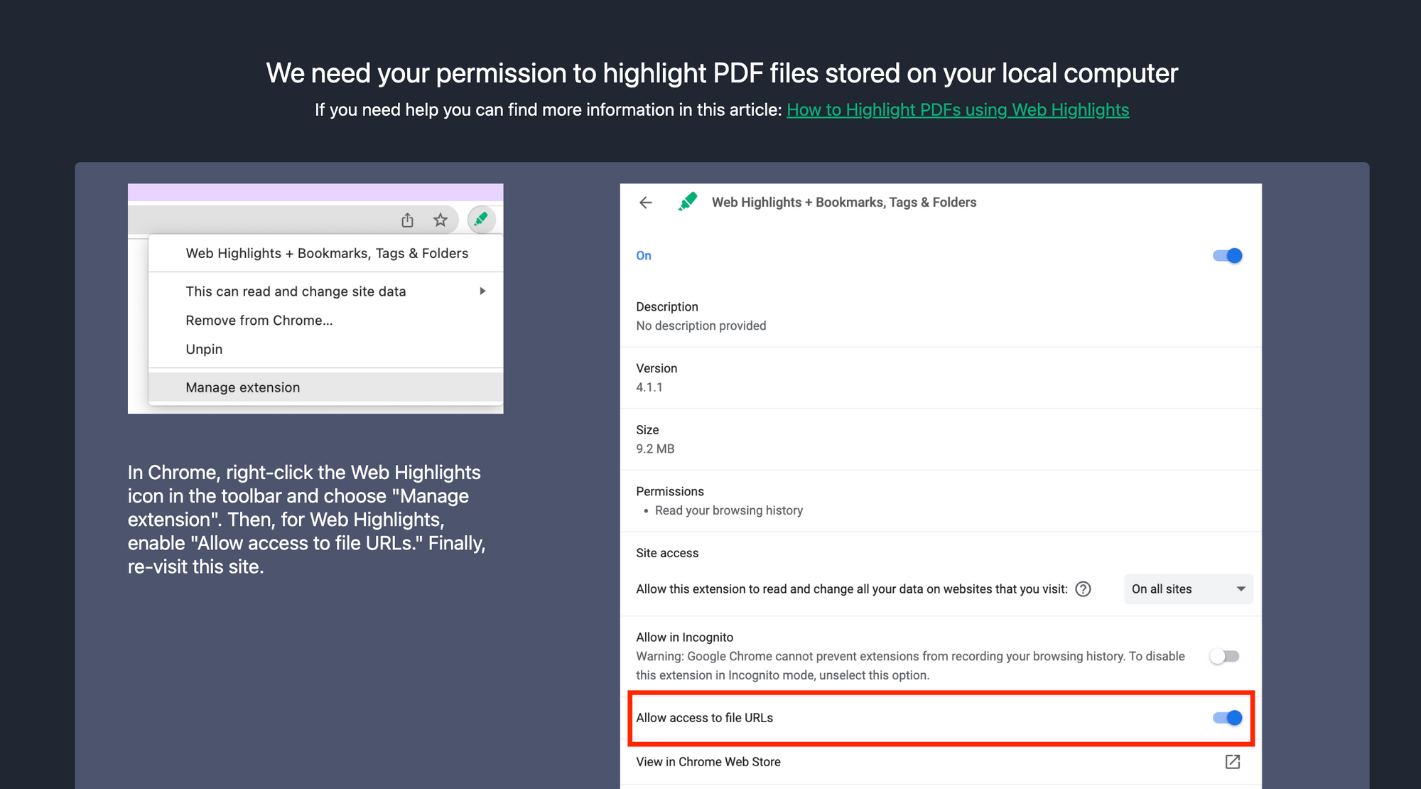 Web Highlights needs permission to access file URLs