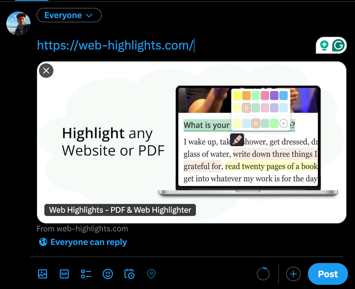 Web Highlights website preview on Twitter