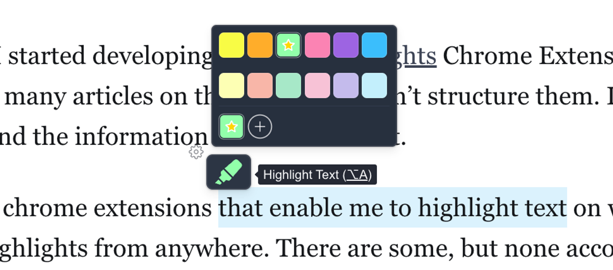 Web Highlights' popup highlighter lets you annotate text on a website with different color options.