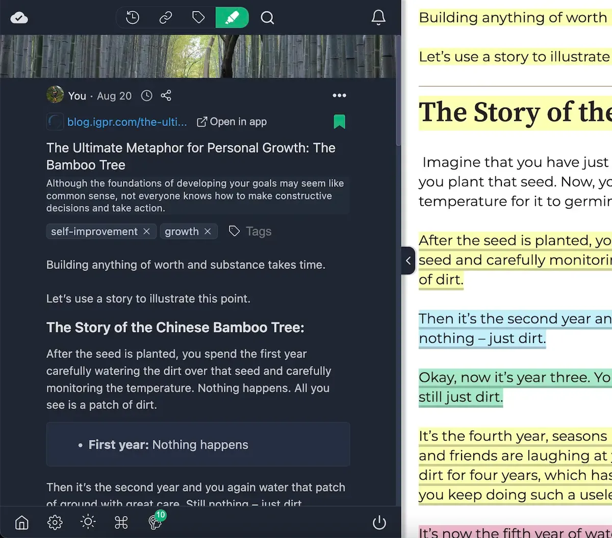 The Web Highlights sidebar displays your highlighted text along with any notes and tags.