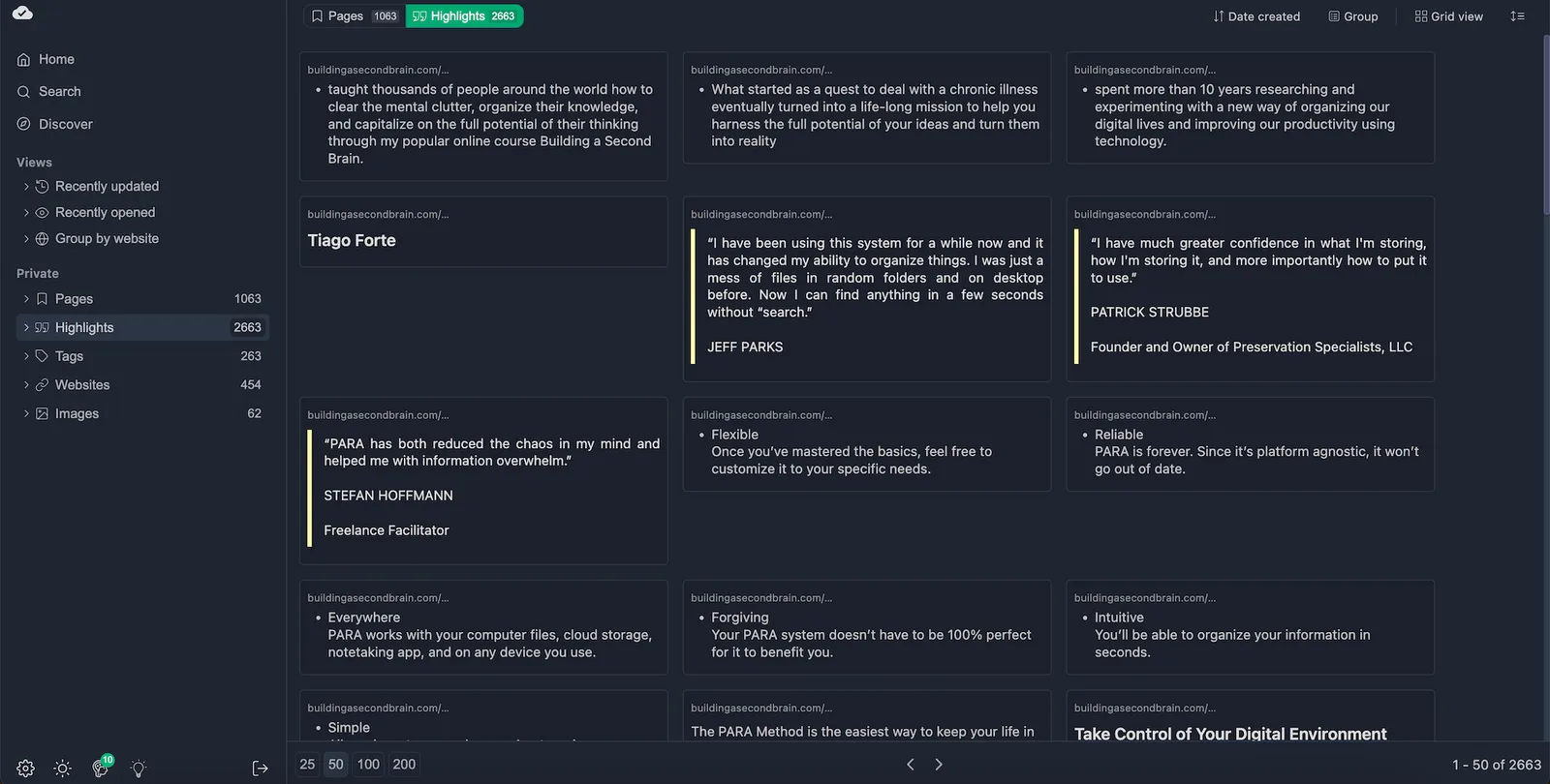 Highlights displayed in grid view