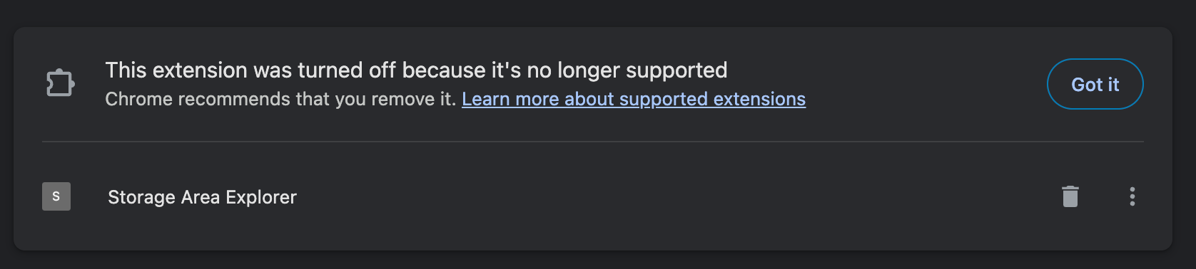 "This extension was turned off because it's no longer supported. Chrome recommends that you remove it."