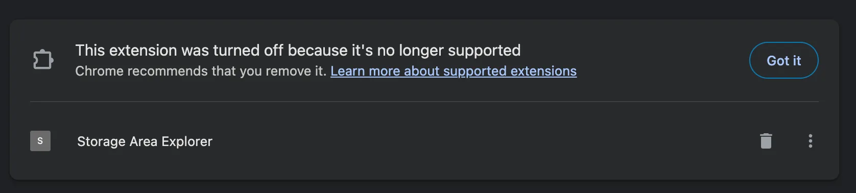 Chrome warning that an extension was turned off because it is no longer supported