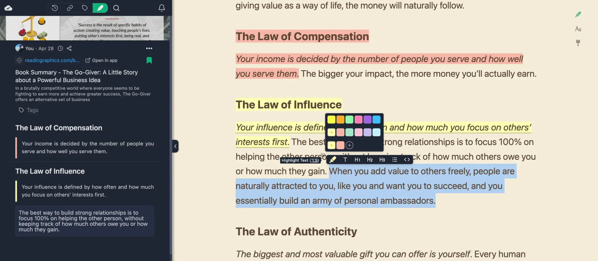 Highlight text in multiple colors & take notes