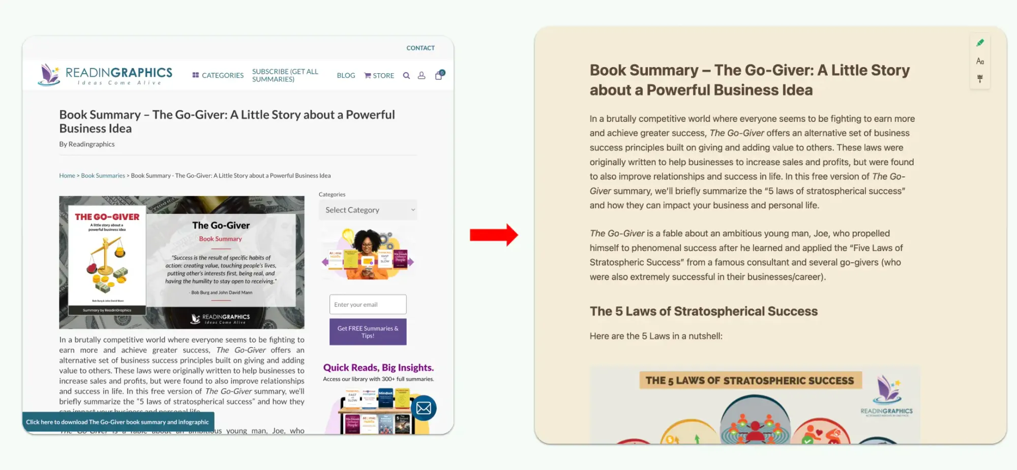 Original website (left) and reader mode (right)