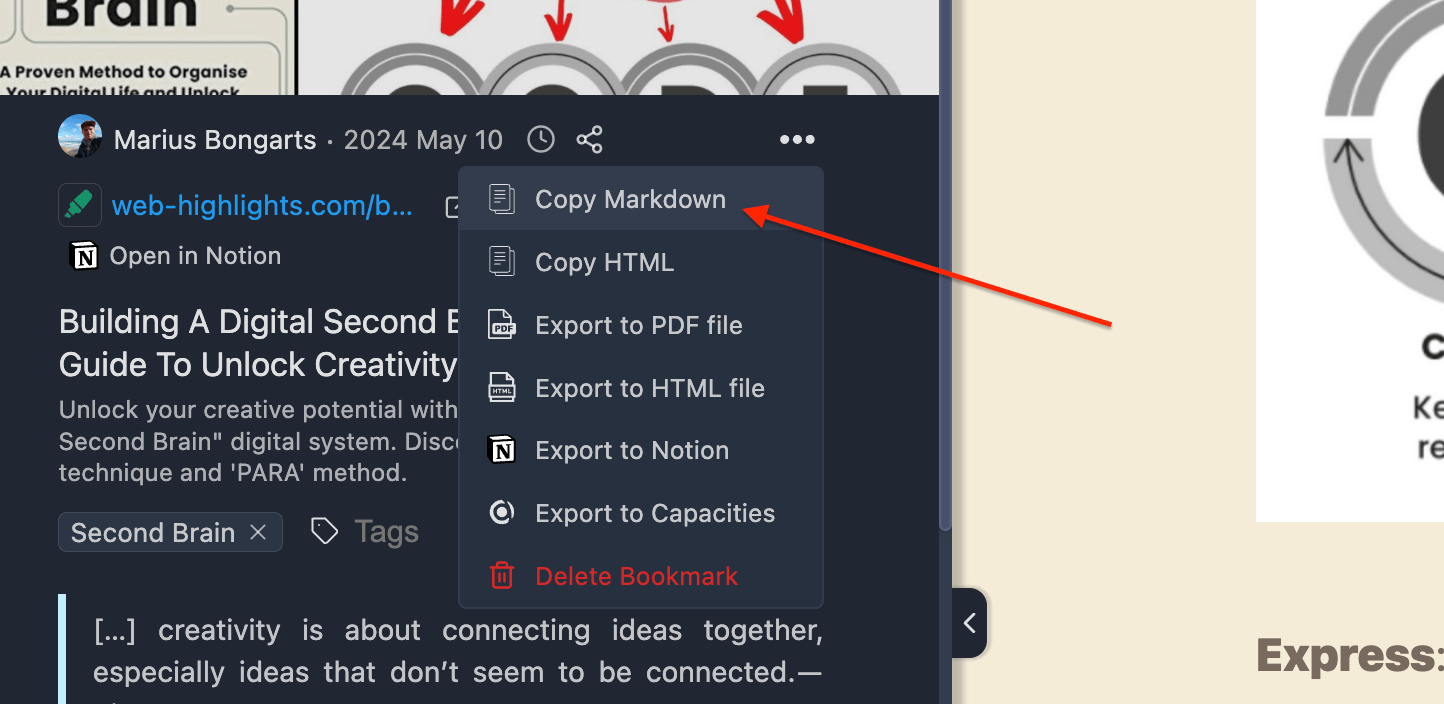 Screenshot of a menu in the Web Highlights tool with an arrow pointing to the "Copy Markdown" option for exporting saved highlights.