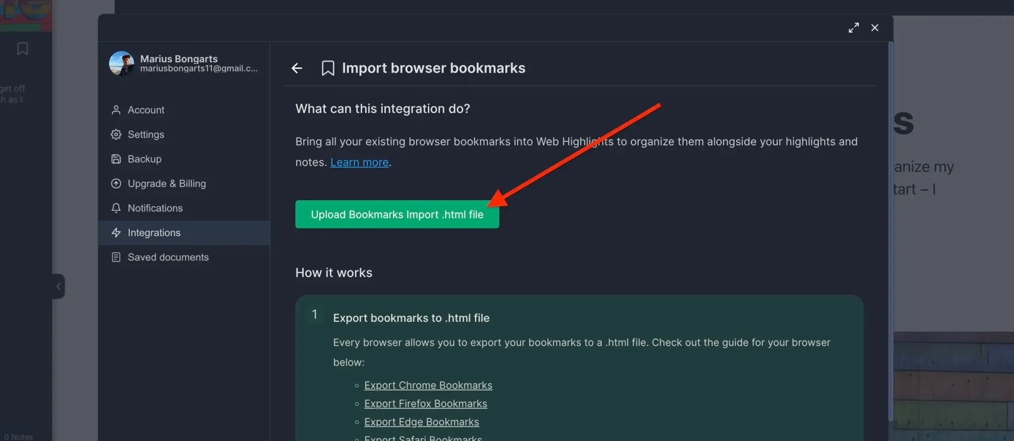 Step 4: Click Upload bookmarks file