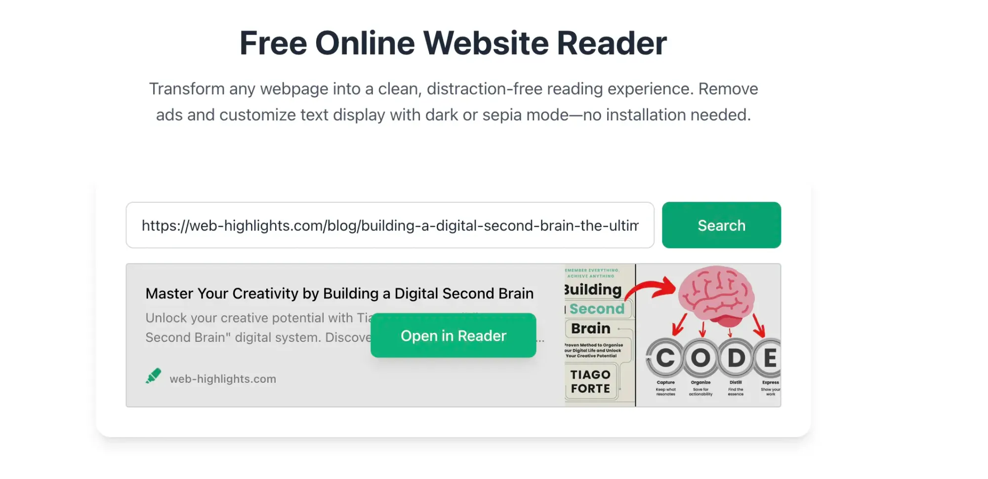 Screenshot of a website highlighter tool with a search bar, a sample URL, and a preview of a blog post titled "Master Your Creativity by Building a Digital Second Brain" with an image of a book and a brain diagram.