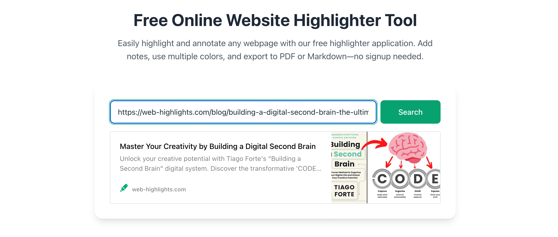 Screenshot of a website highlighter tool with a search bar, a sample URL, and a preview of a blog post titled "Master Your Creativity by Building a Digital Second Brain" with an image of a book and a brain diagram.