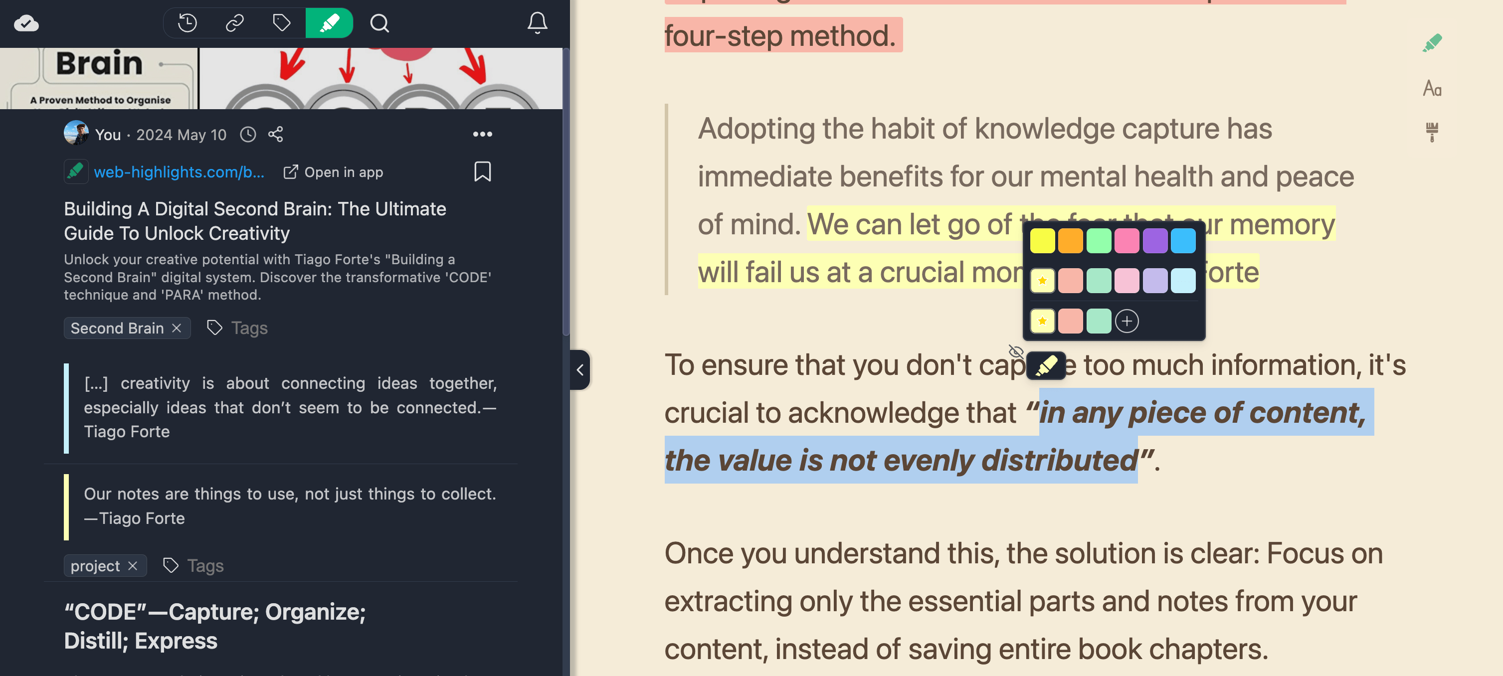 Screenshot of the Web Highlights highlighter tool showing saved highlights and notes on the left, and a webpage with highlighted text and color options on the right.
