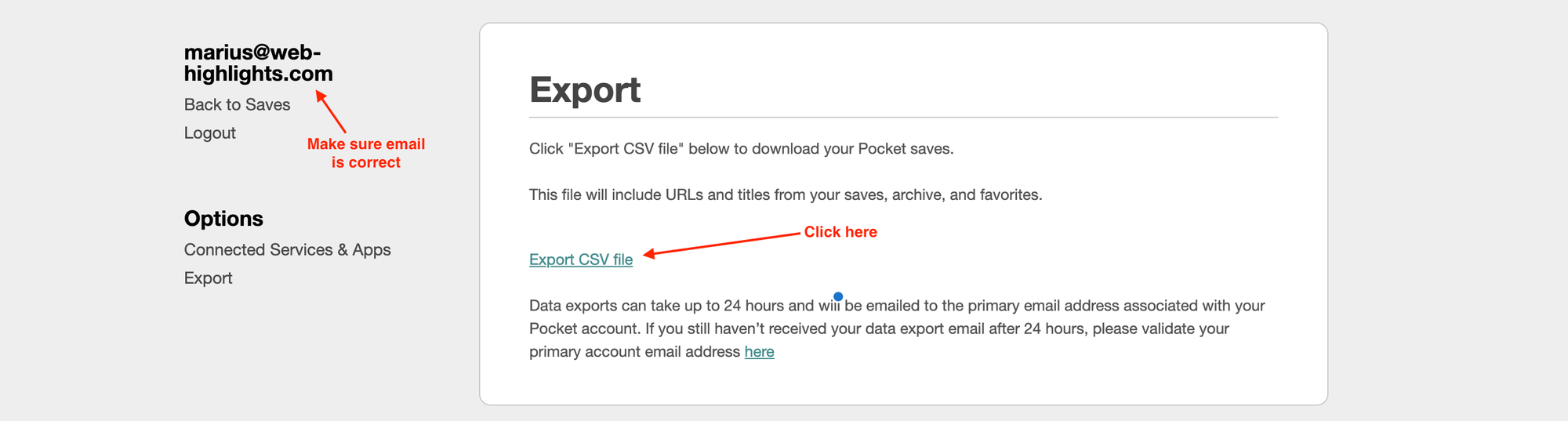 Screenshot from Export CSV file feature in Pocket
