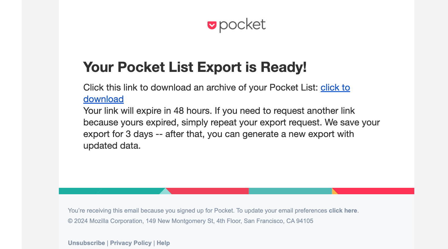 Email from Pocket with exported content