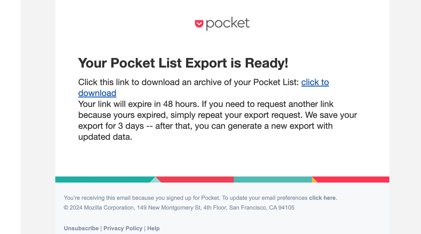 Email from Pocket with exported content