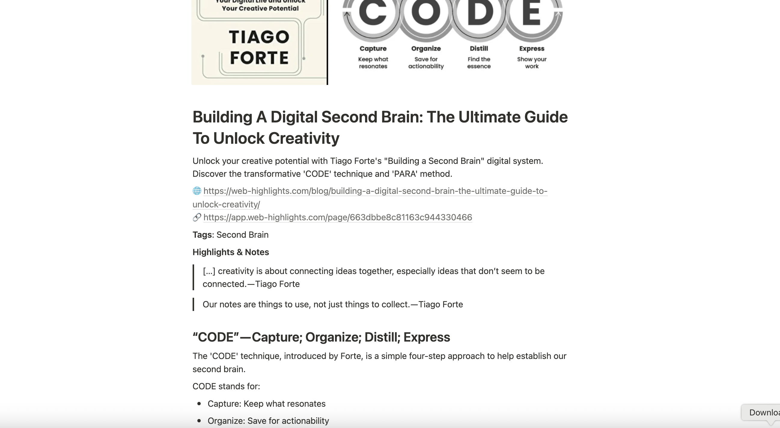 Screenshot of a Notion page displaying pasted markdown content, including a blog post title, links, tags, highlighted quotes, and a summary of the CODE method with bullet points.