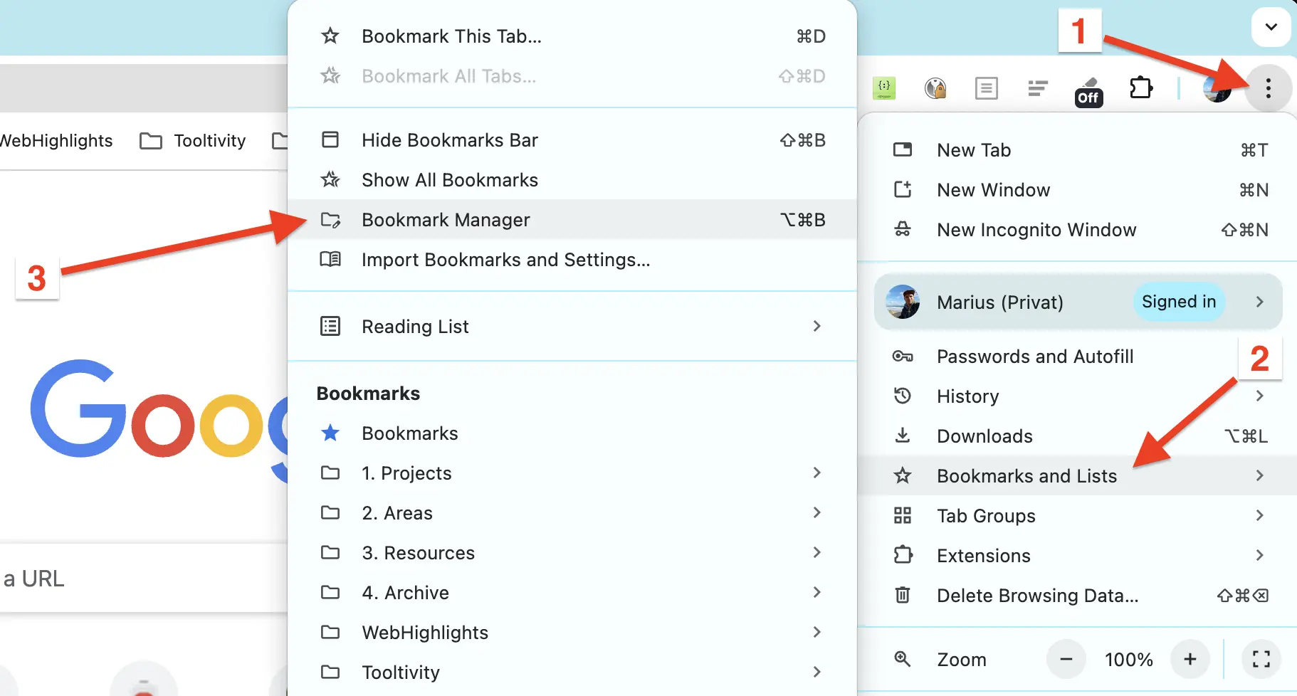 Step 1-3: Open Bookmark Manager