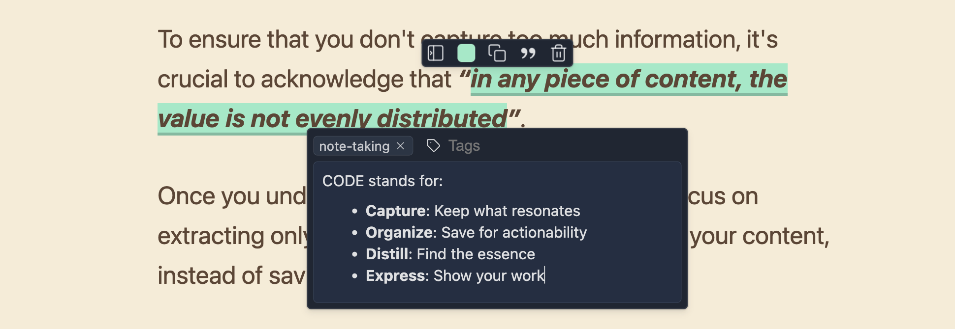 Screenshot of highlighted text on a webpage with a pop-up note explaining the CODE method: Capture, Organize, Distill, and Express.