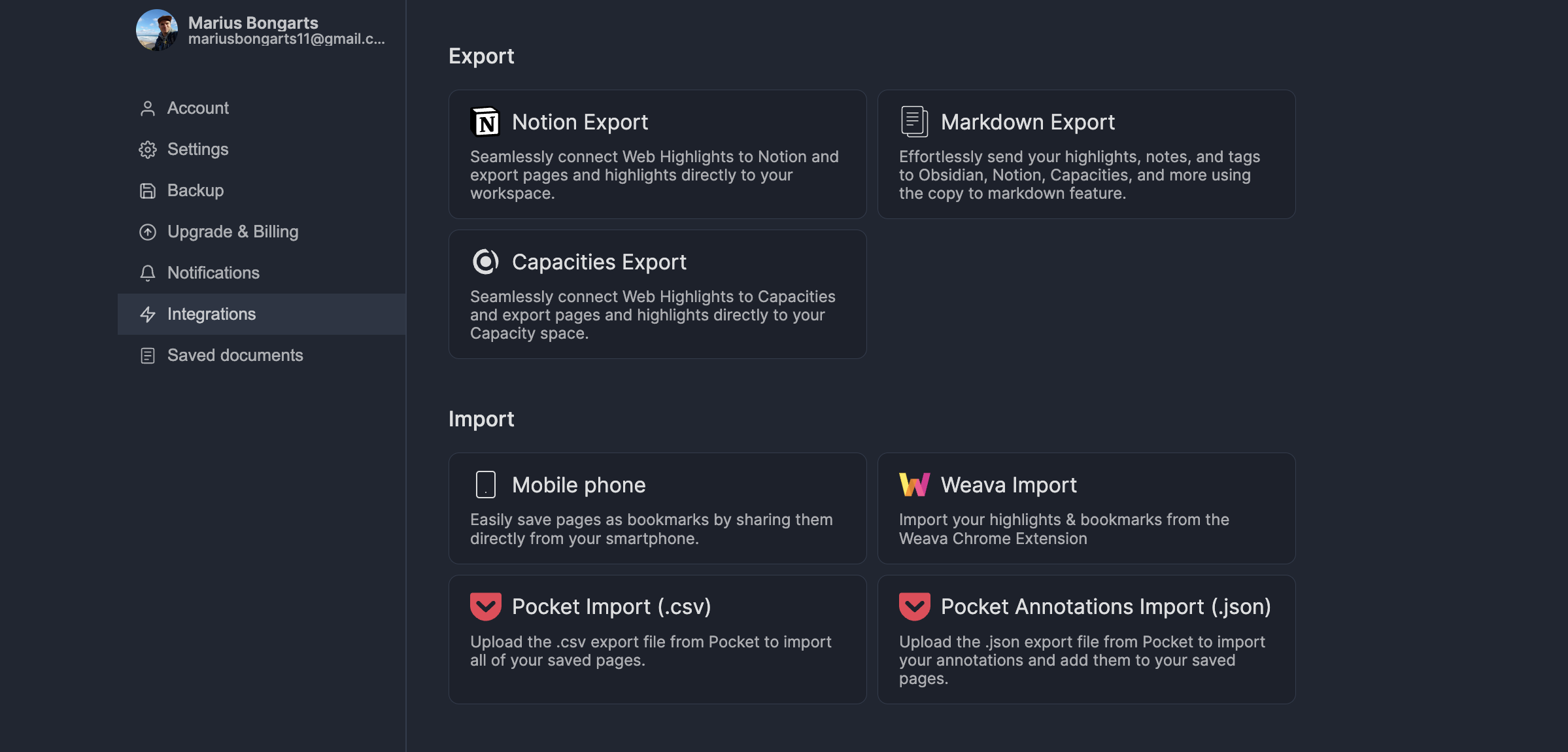 Web Highlights integrations