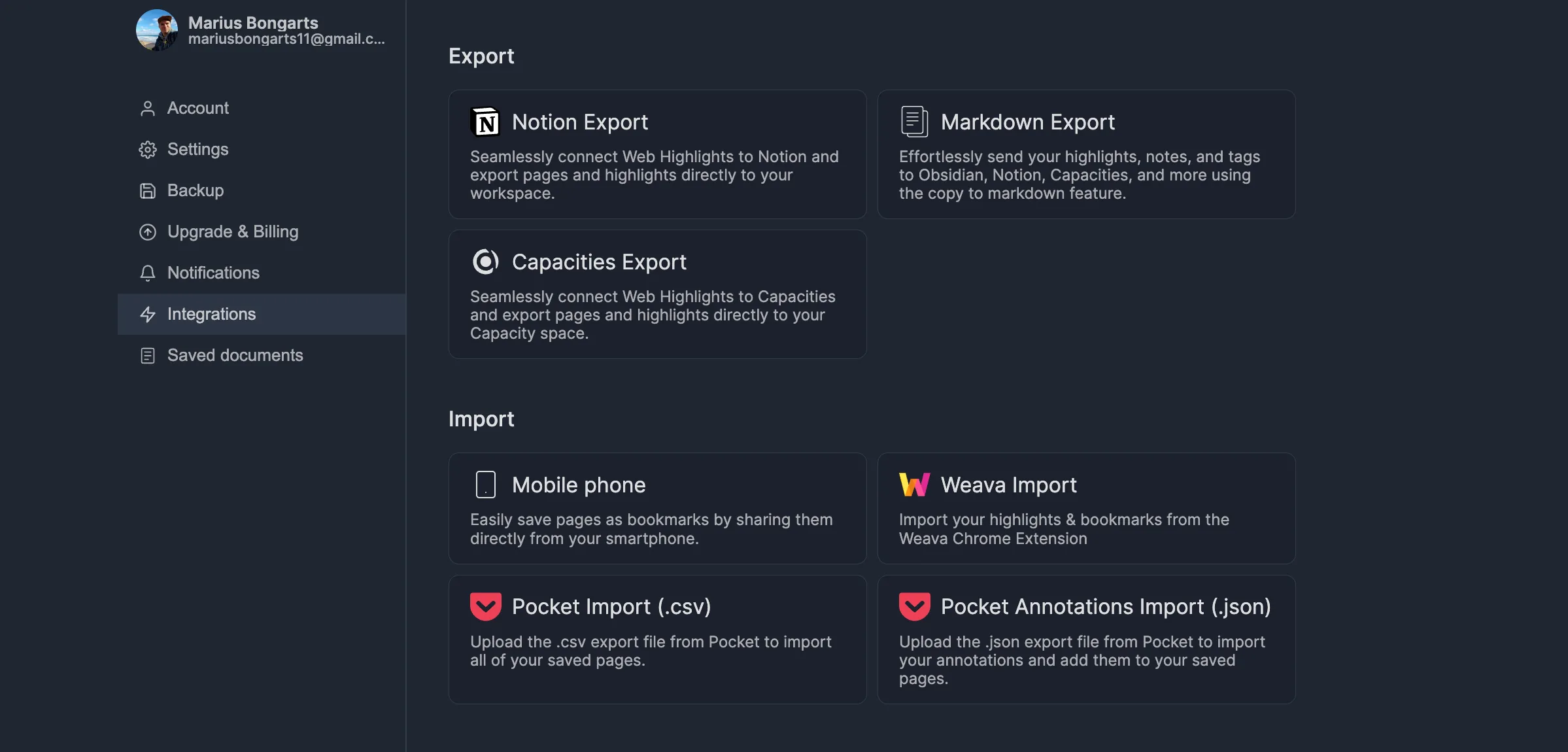 Web Highlights integrations
