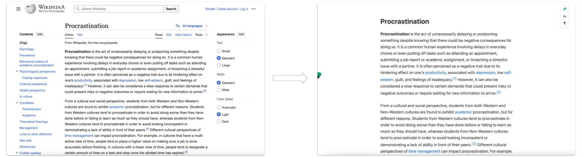 Original Wikipedia page (left) turned into Reader Mode (right)