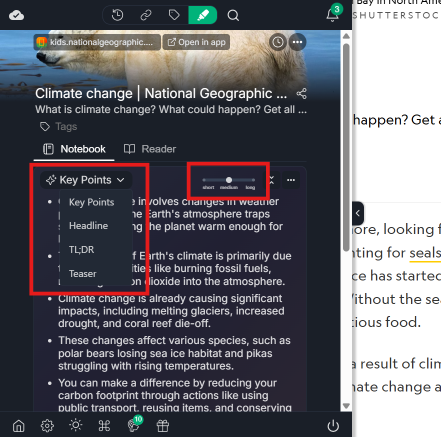 Multiple lengths and format options in the Web Highlights side bar